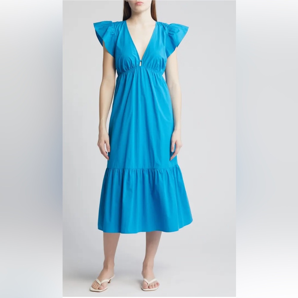NEW Rails Blue Tina Turkish Tile Midi Summer Dress Flutter Sleeve Sz Medium